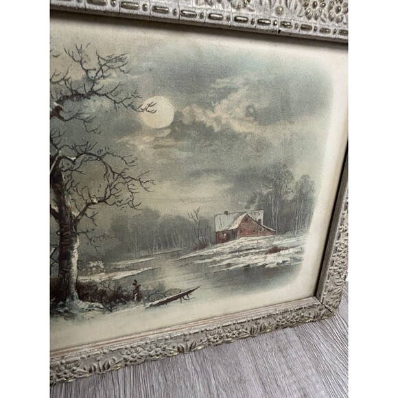 Antique Vintage 1894 J.Hoover Chromolithograph Print Red Barn River Winter Snow - Picture 2 of 16